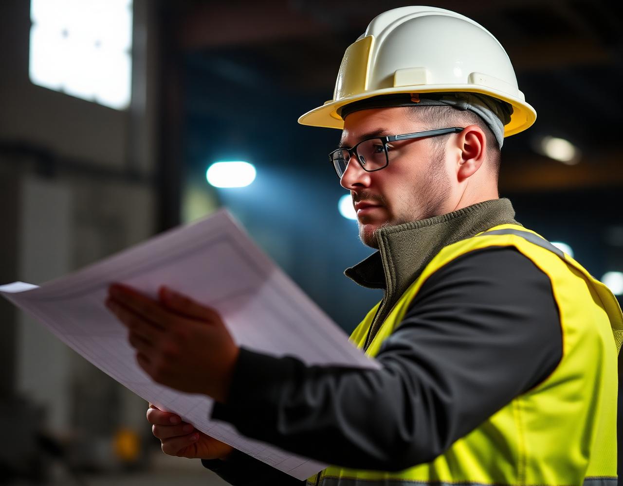 Construction professional reviewing blueprints